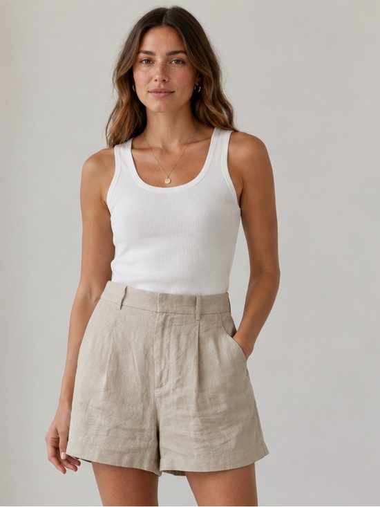 Maison Cecile Pants - Maison Cécile 100% Linen Pleated Shorts Beige Minimalist Luxury Size Medium